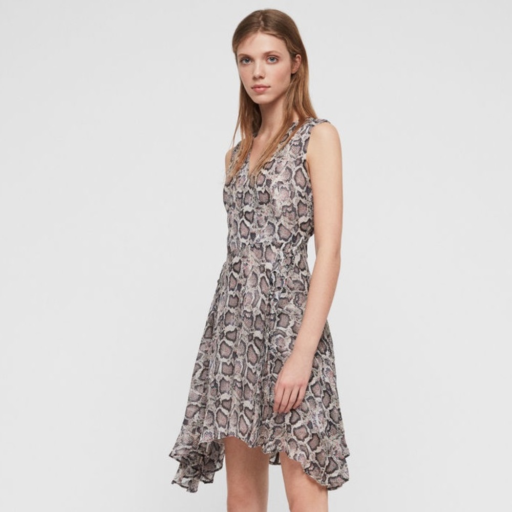 All Saints Miller Kukio Snakeskin Print Lace Ribbon Flare Dress